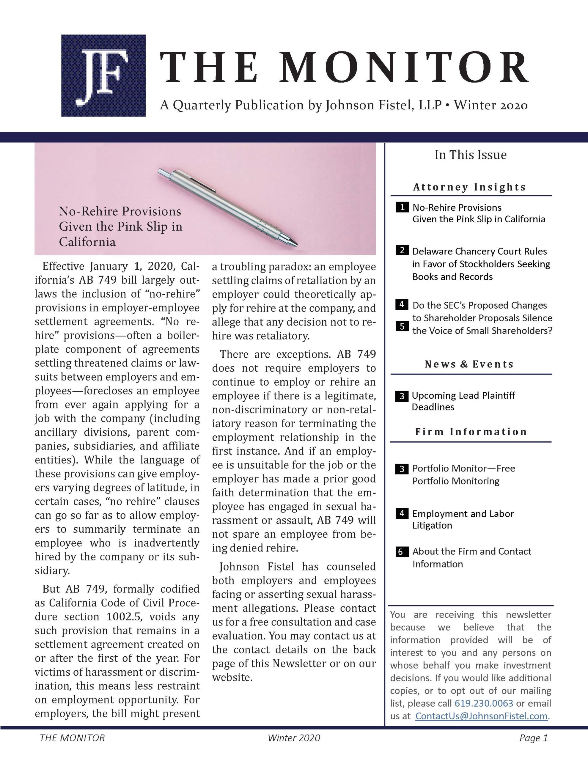The Monitor - A Quarterly Publication by Johnson Fistel, LLP - Winter 2020