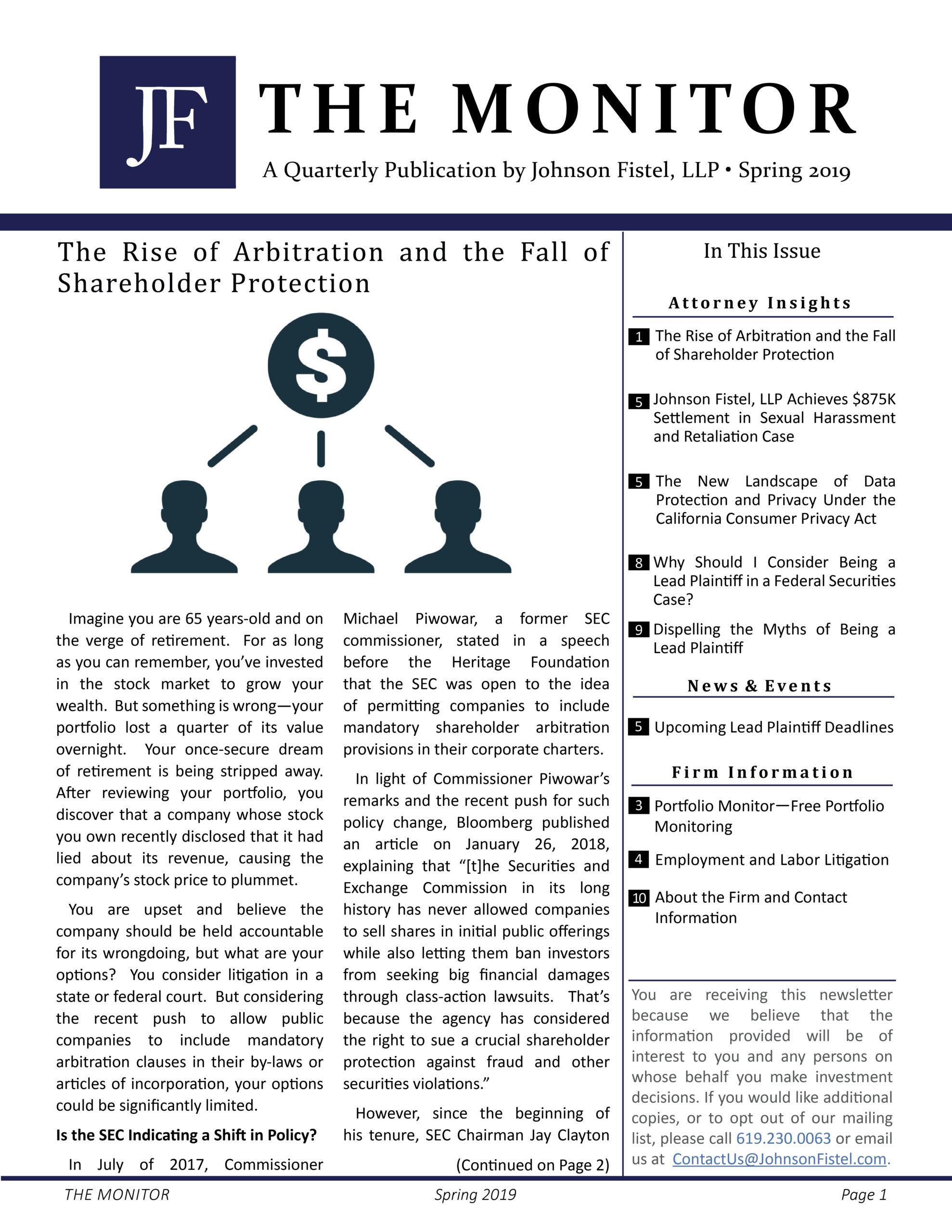 The Monitor - A Quarterly Publication by Johnson Fistel, LLP - Spring 2019