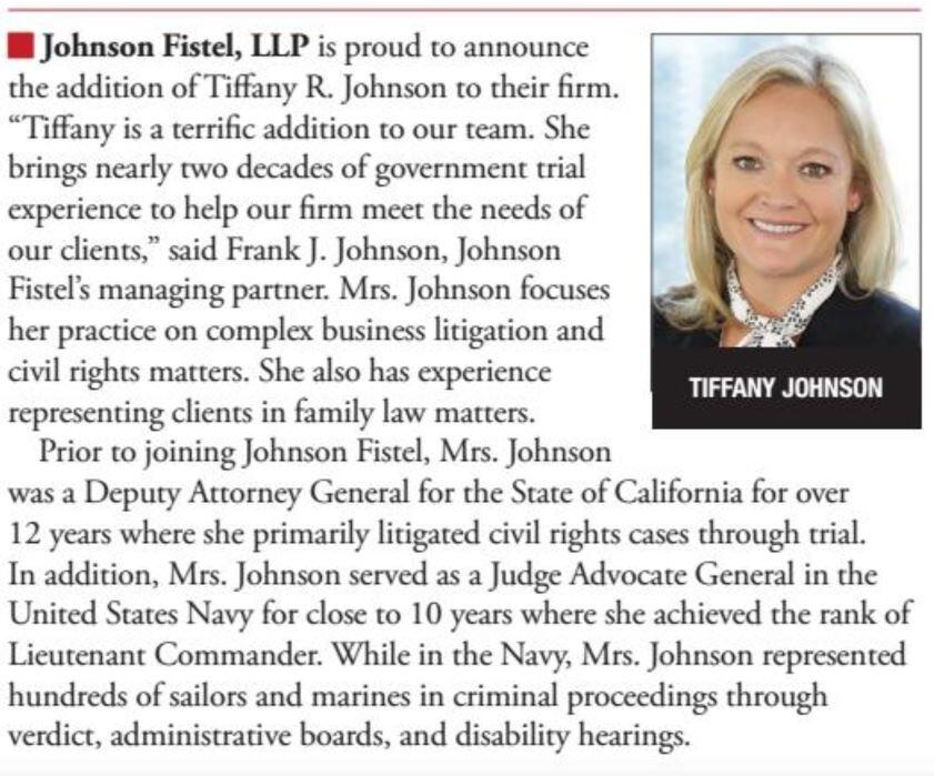 Picture of Tiffany Johnson with excerpt of Article Johnson Fistel, LLP is proud to announce the addition of Tiffany R. Johnson to their firm.